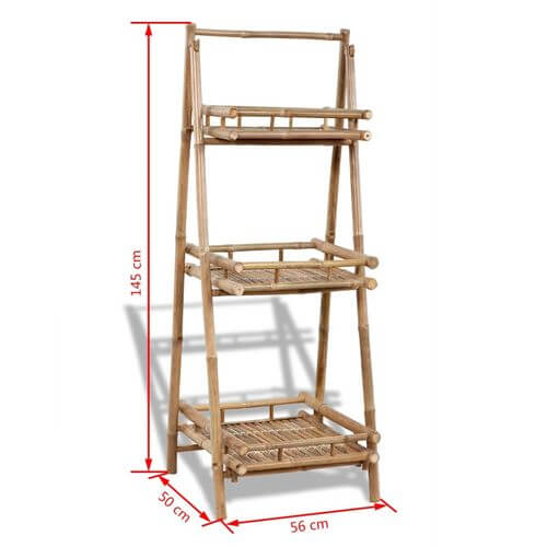 3-Tier Folding Eco-Friendly Bamboo Plant Rack for garden storage, featuring a stylish triangular design, dimensions marked.