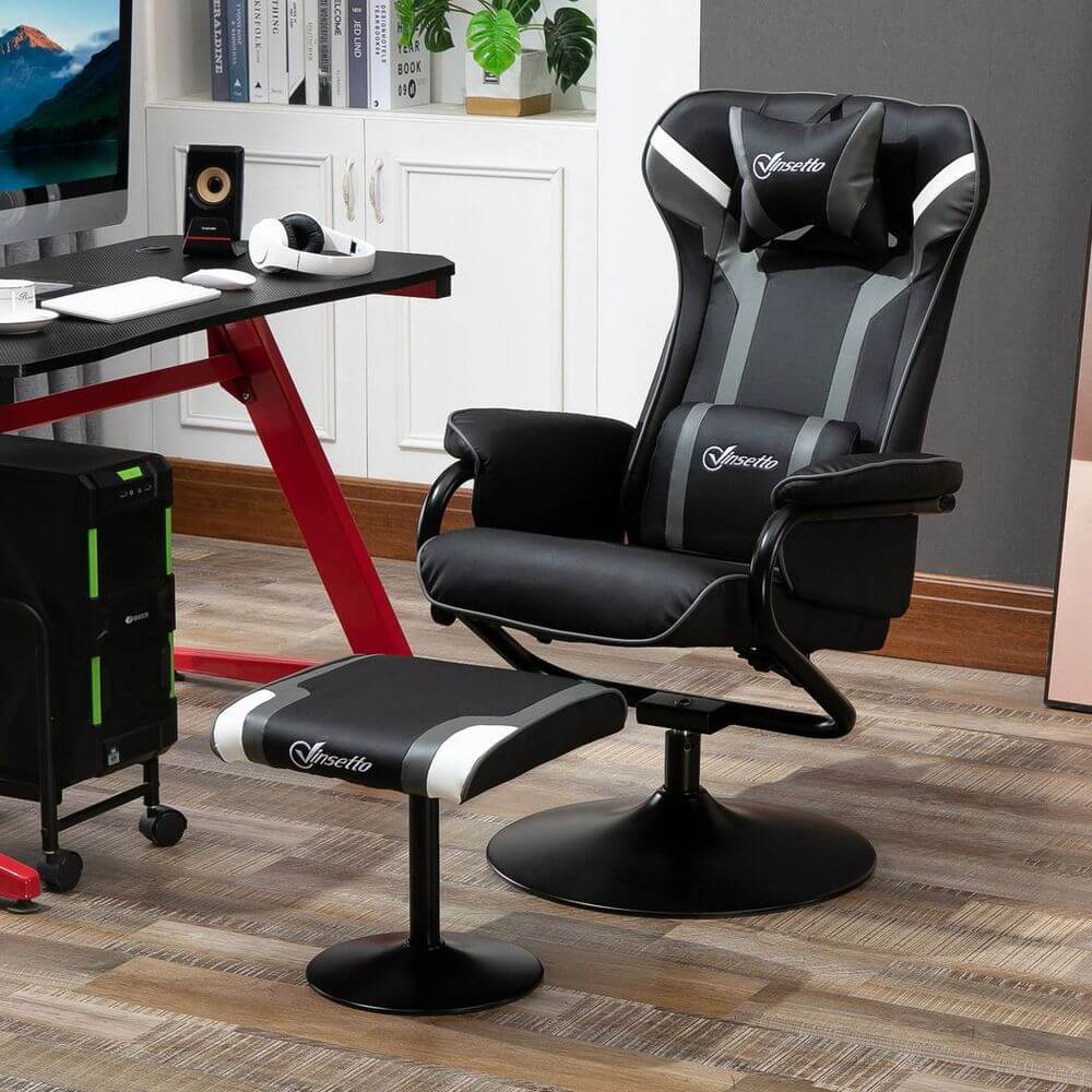 Video Game Chair & Footrest Set Racing Style w/ Pedestal Base, Deep Grey
