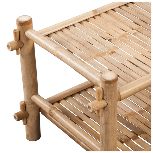Close-up of a sustainable bamboo shoe rack showcasing its compact and eco-friendly design.