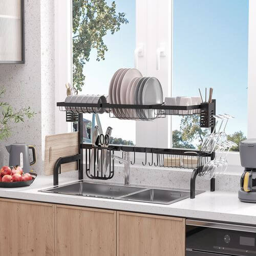 HOMCOM Over The Sink Dish Drainer Rack, 2 Tier Dish Rack for Kitchen, Black