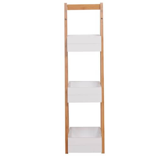 Bathroom A-Shape Rack, 3-Tier Eco-Friendly Bamboo storage unit with white boxes for toiletries and towels.