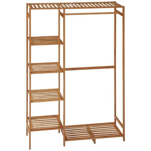 Bamboo Clothes Rail Garment Rack with 6 Tier Storage Shelf & Hanging Rod, eco-friendly and sustainable design.