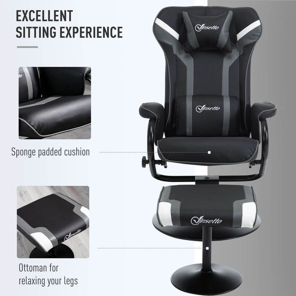 Video Game Chair & Footrest Set Racing Style w/ Pedestal Base, Deep Grey