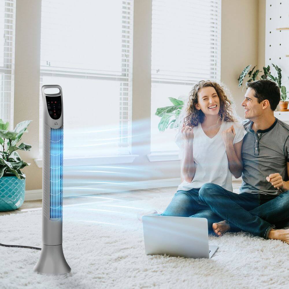 Silver Tower Fan with 3 Speed 3 Mode, Timer, Oscillation, Remote