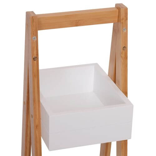 Bathroom A-Shape Rack featuring a white storage box on a sturdy bamboo frame, ideal for eco-friendly bathroom organization.