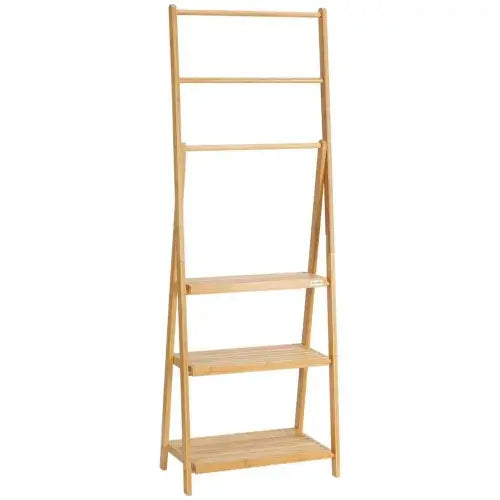 Bamboo Towel Rack Freestanding Foldable with 3 Bars and Shelves for Bathroom