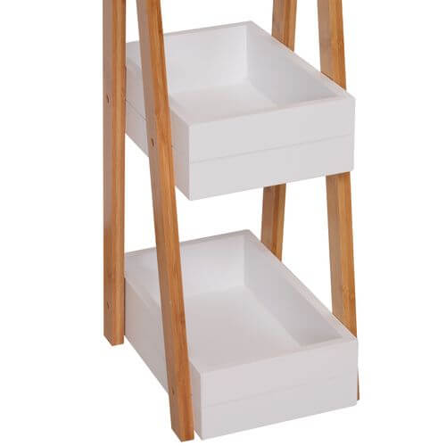 Close-up of 3-Tier Eco-Friendly Bamboo Bathroom A-Shape Rack highlighting storage drawers.