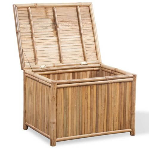 Eco-friendly bamboo storage box with an open lid, perfect for organizing household items.