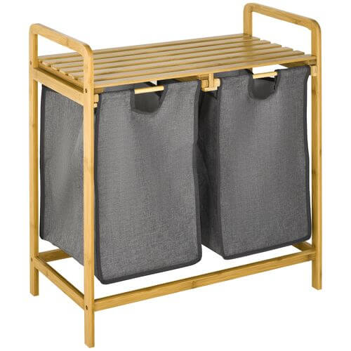 Bamboo Laundry Basket with Shelf Pull-out Bags for Bedroom Laundry Room