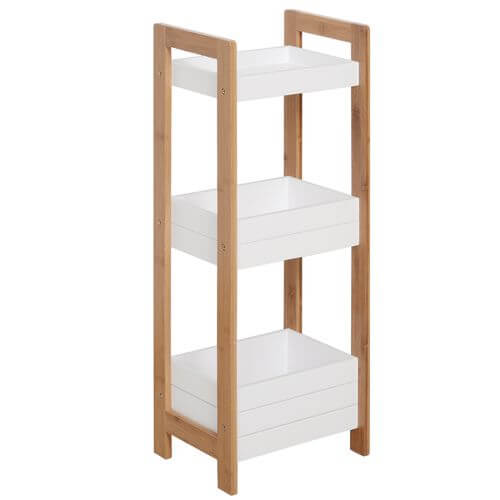 3-tier bamboo bathroom shelves with white storage baskets, eco-friendly and sustainable design.
