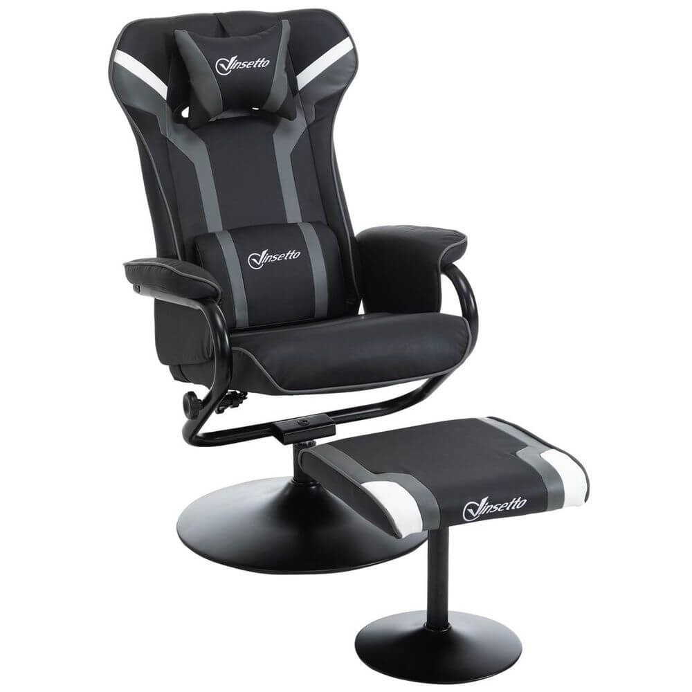 Video Game Chair & Footrest Set Racing Style w/ Pedestal Base, Deep Grey