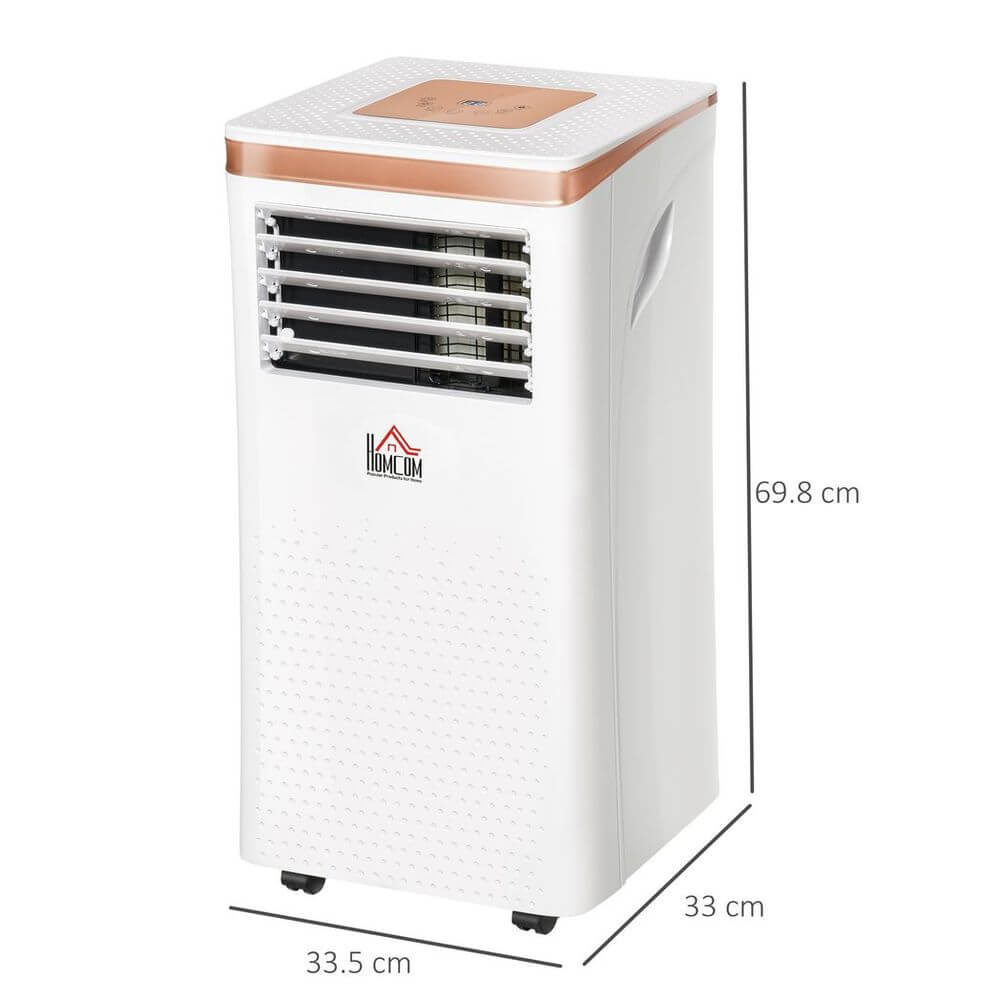 10000 BTU portable air conditioner with LED display and timer, dimensions 33.5 x 33.5 x 69.8 cm, ideal for cooling and dehumidifying.