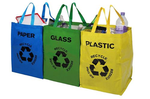 Vinsani Set Of 3 Recycling Bags in blue, green, and yellow for paper, glass, and plastic recycling.