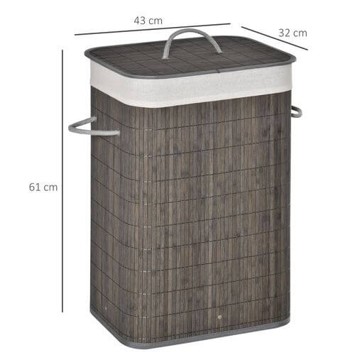 Bamboo Laundry Basket with Flip Lid Foldable, Grey With Handles & Lining,