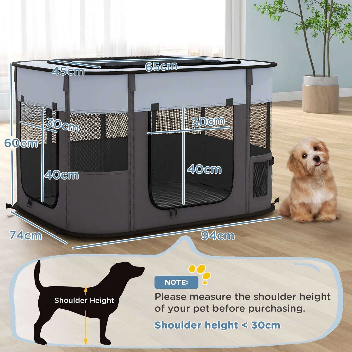 PawHut Portable Dog Pen for Puppies, Rabbits, Kittens, Guinea Pigs - Grey