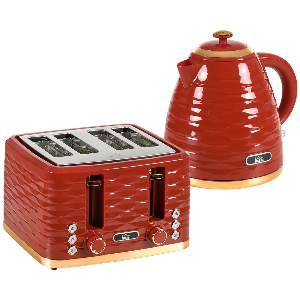 HOMCOM Kettle and Toaster Set 1.7L Rapid Boil Kettle & 4 Slice Toaster Red