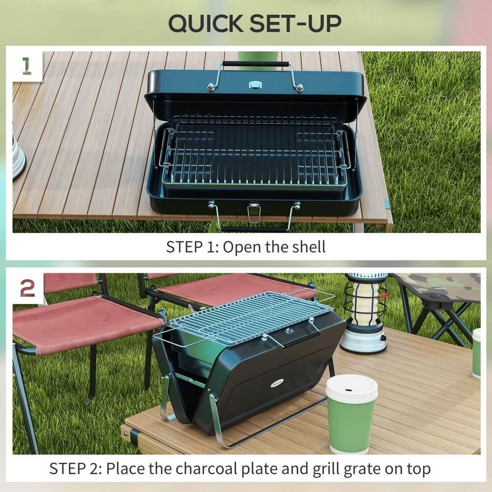 Outsunny Portable BBQ Grill with Suitcase Design for Camping Picnic Party, Black