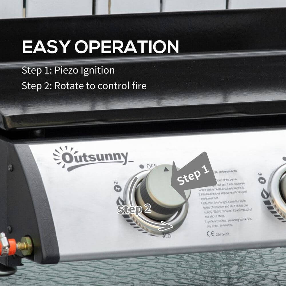 Outsunny Portable Gas Plancha BBQ Grill with 3 Stainless Steel Burner, 9kW