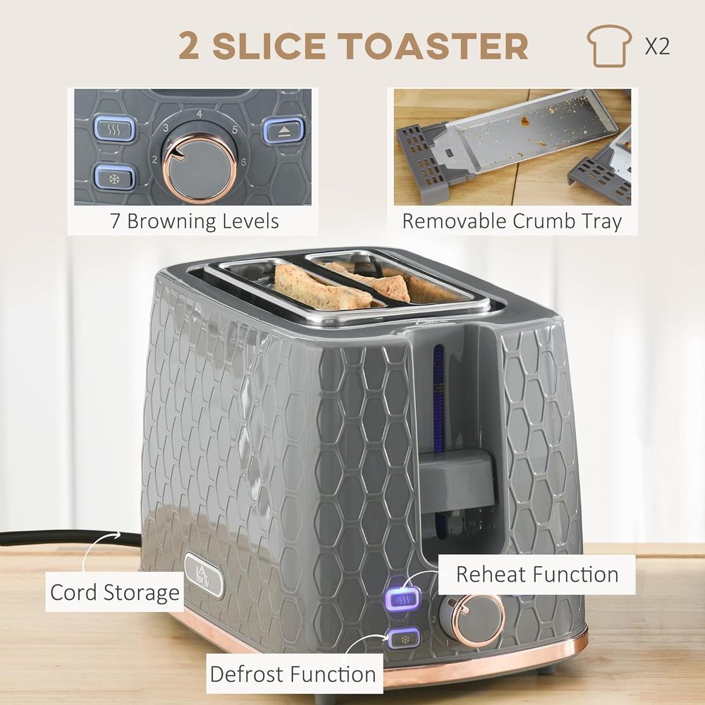 HOMCOM Fast Boil 1.7L Kettle & 2 Slice Toaster Set Grey