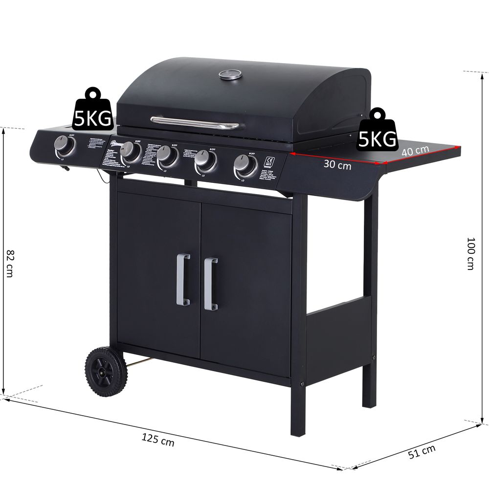 4+1 Gas BBQ Grill with Wheels With Measurements on White Background