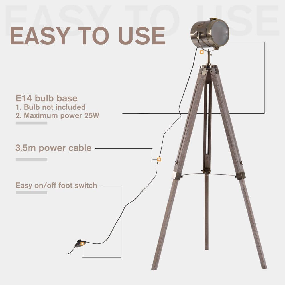 Wood & Bronze Tripod Floor Lamp Features