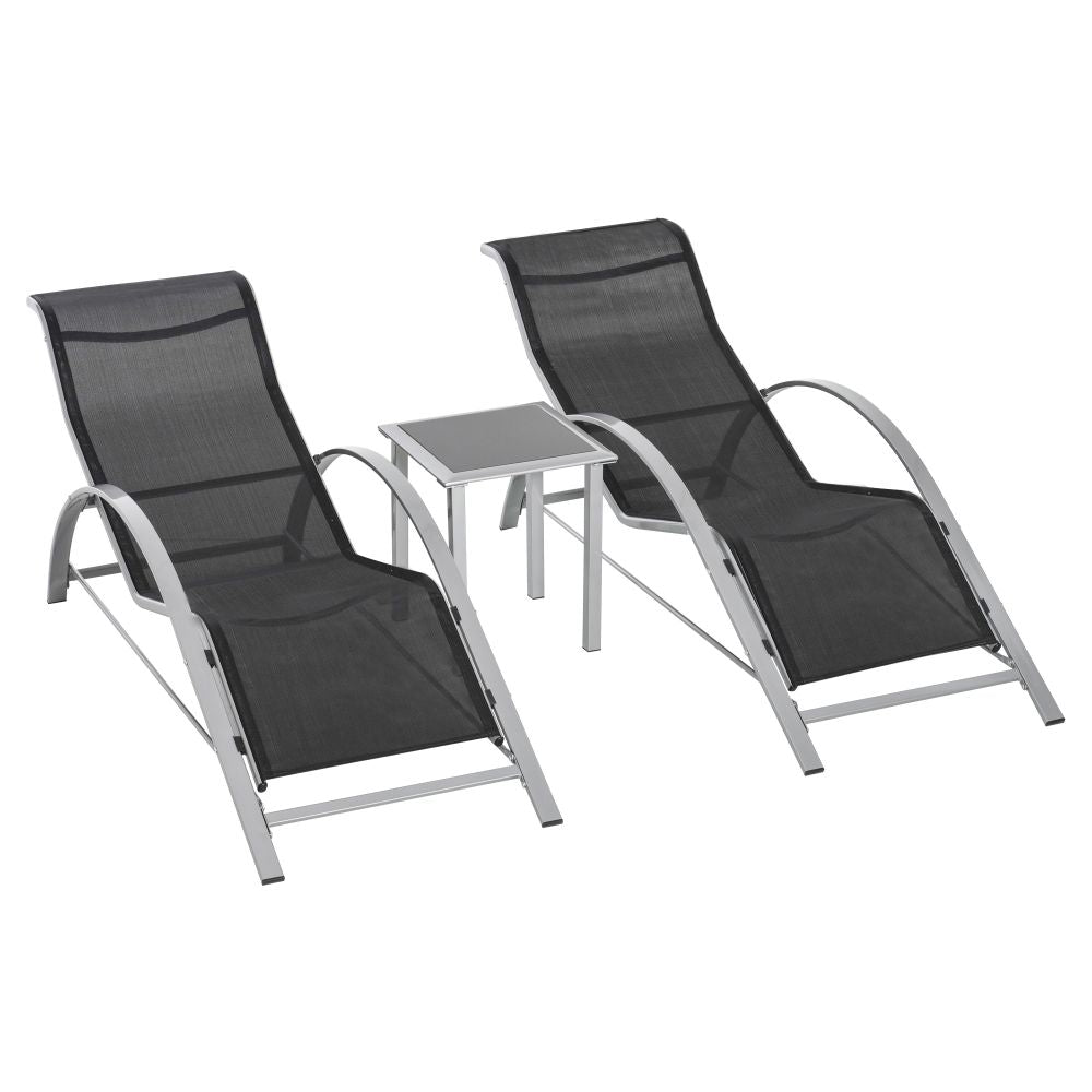 Set of 2 Black Lounge Garden Sunbathing Chairs with Centre Table White Background
