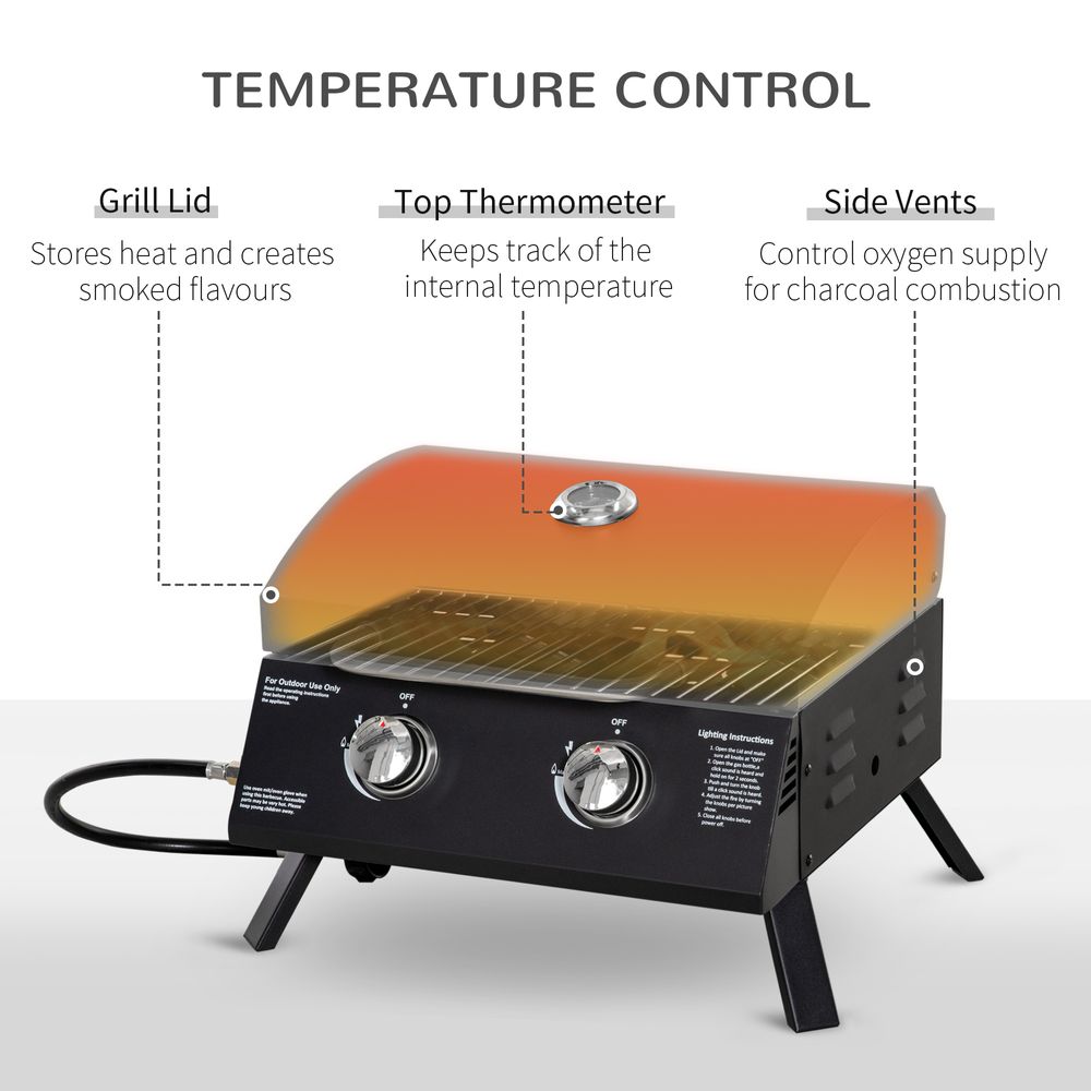 2 Burner Gas BBQ Grill Portable Folding Tabletop Barbecue Lid Thermometer Black