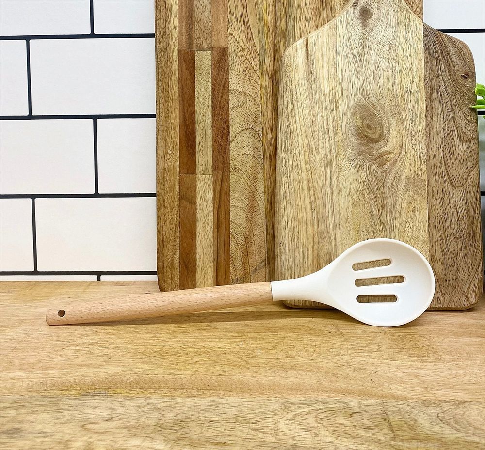 Slotted Spoon With Bamboo Coloured Handle With Ivory Coloured Silicone Head