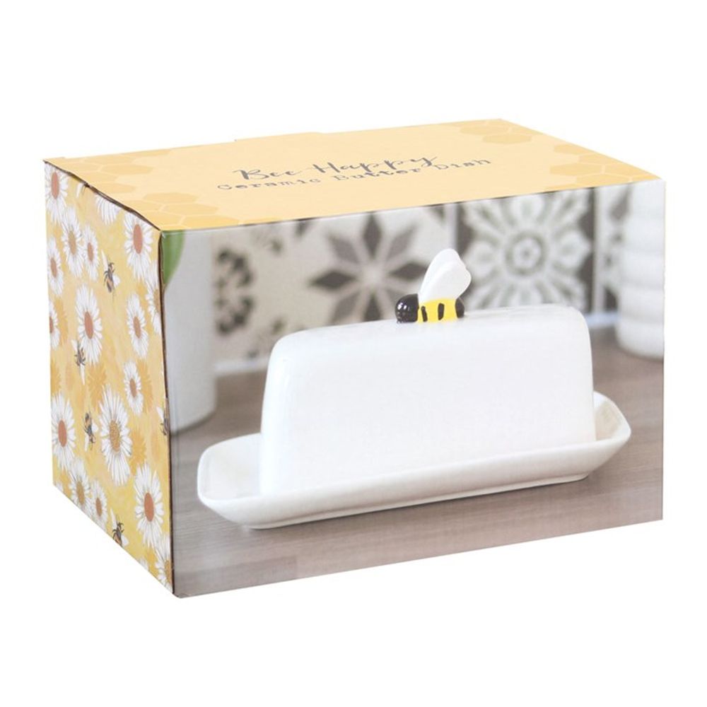 Boxed White Butter Dish With Bee Handle On White Background