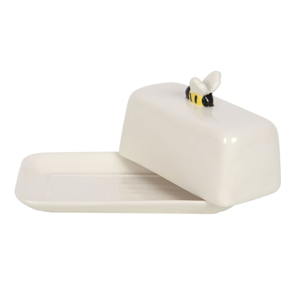 White Butter Dish With Bee Handle On White Background