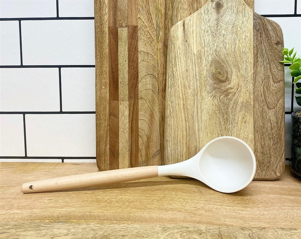 Deep Spoon Ladle With Bamboo Coloured Handle With Ivory Coloured Silicone Head