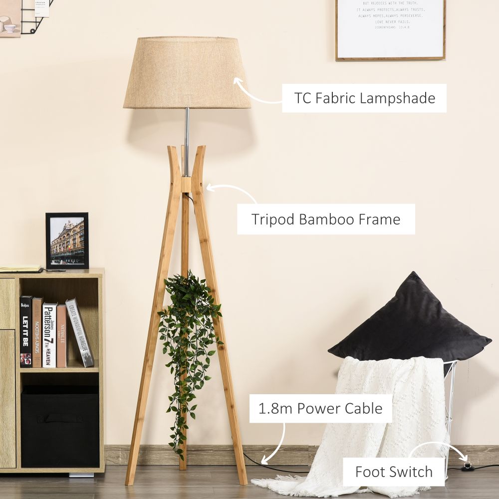Beige Fabric Shade Tripod Floor Lamp With Storage Shelf