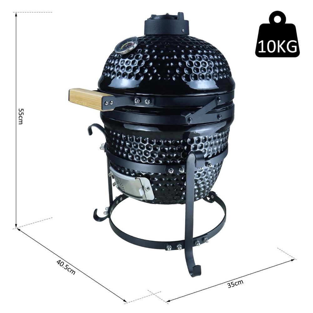Cast Iron Ceramic Kamado Charcoal BBQ Oven Black With Measurements On White Background