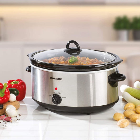 Daewoo 6.5L Non Stick Slow Cooker Stainless Steel Family Size Dishwasher Safe