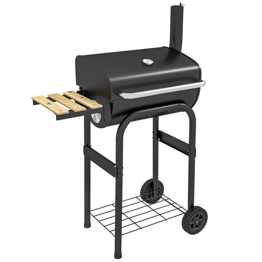 Outsunny Charcoal BBQ Grill Trolley W/ Shelves, Lid and Thermometer