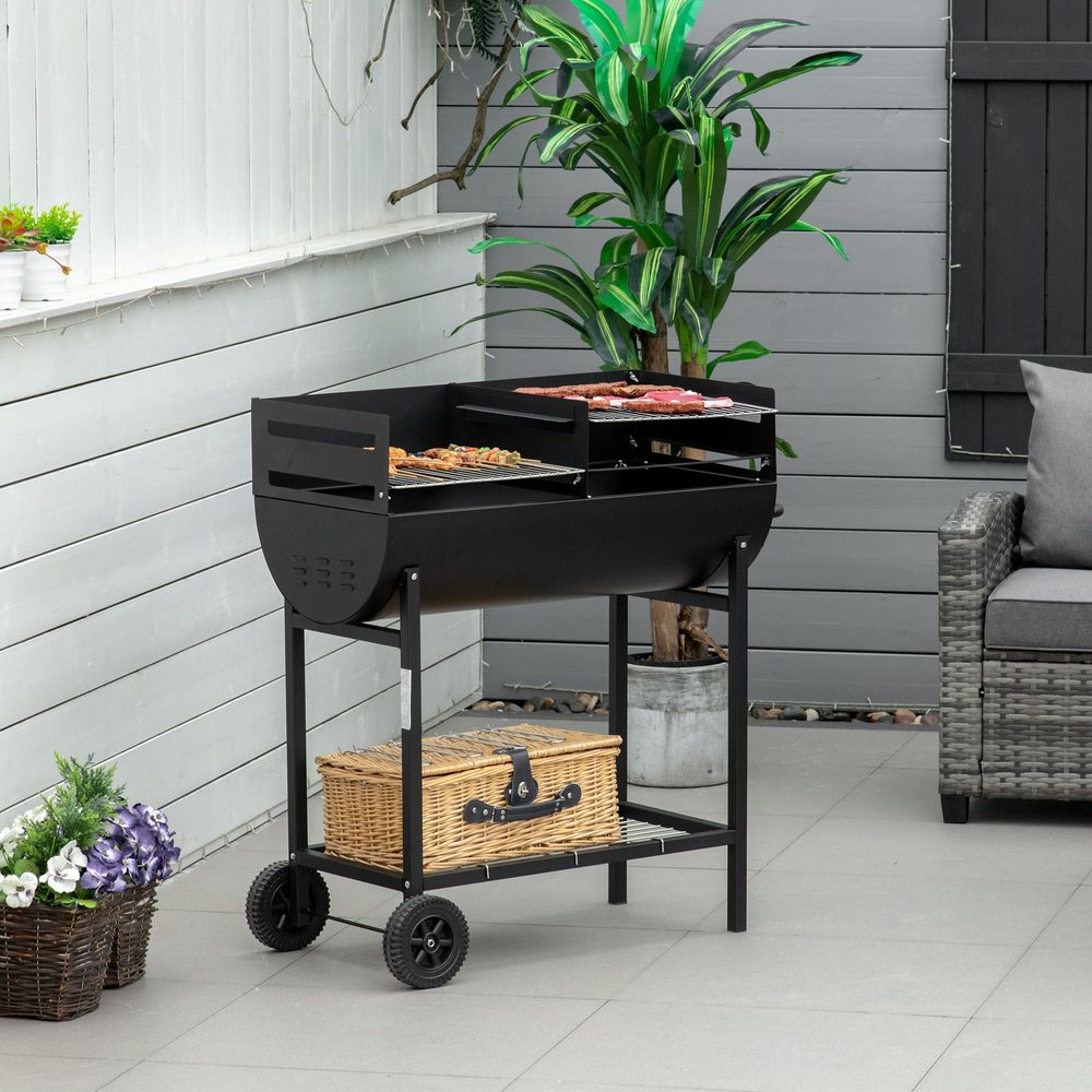 Outsunny Steel 2-Grill Charcoal BBQ w/ Wheels Black