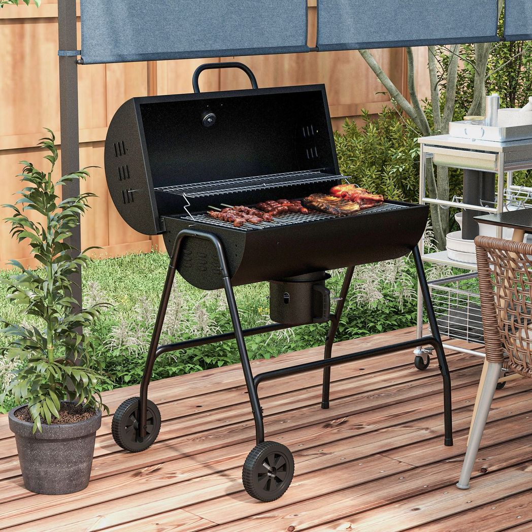 Outsunny Barrel Charcoal Barbecue BBQ Grill Trolley W/ Ash Catcher Thermometer