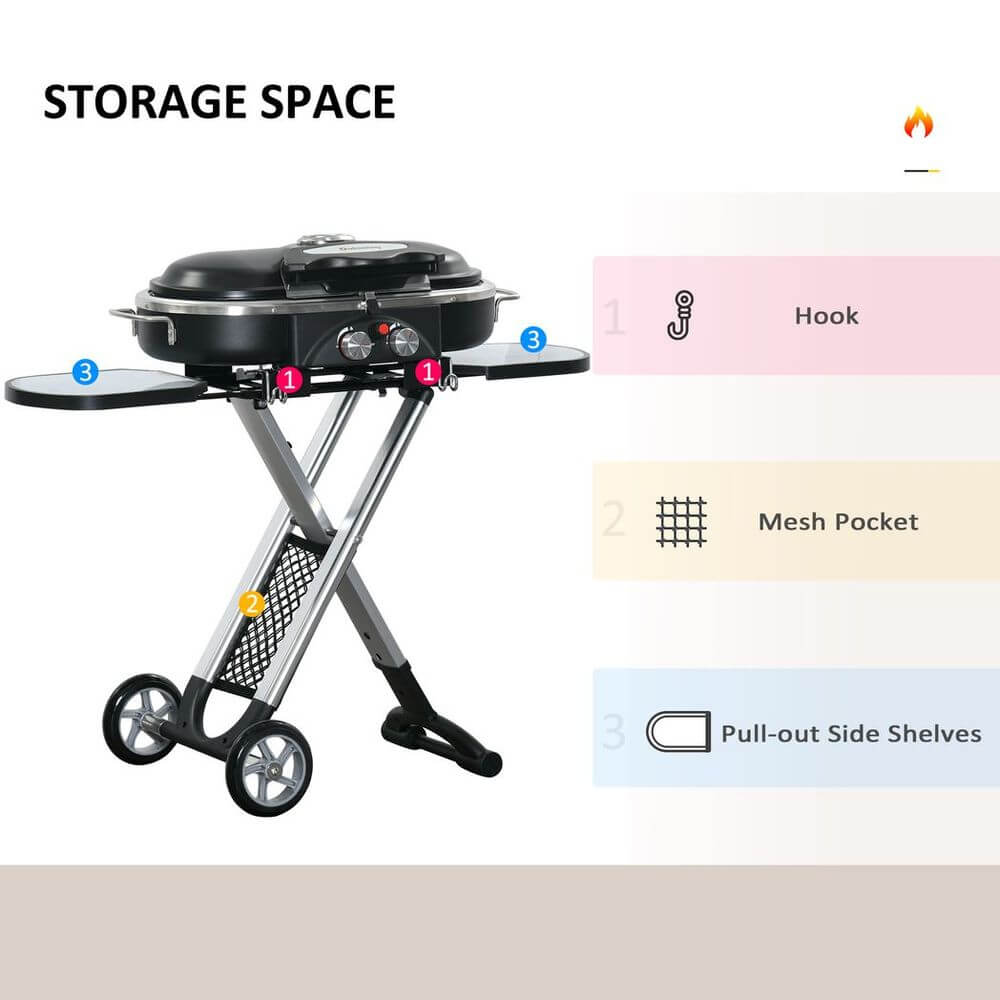 Foldable 2 Burner Gas BBQ Grill Trolley With Side Shelves & Storage Pocket