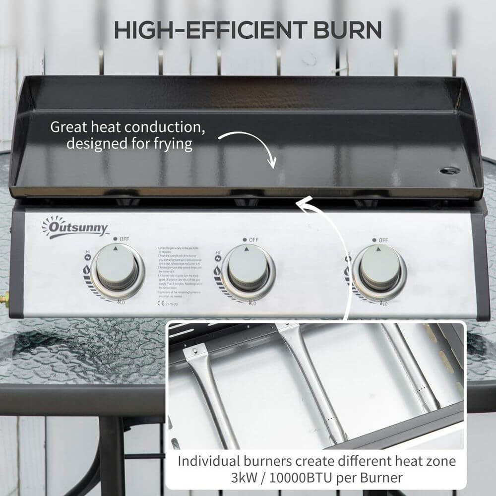 Outsunny Portable Gas Plancha BBQ Grill with 3 Stainless Steel Burner, 9kW