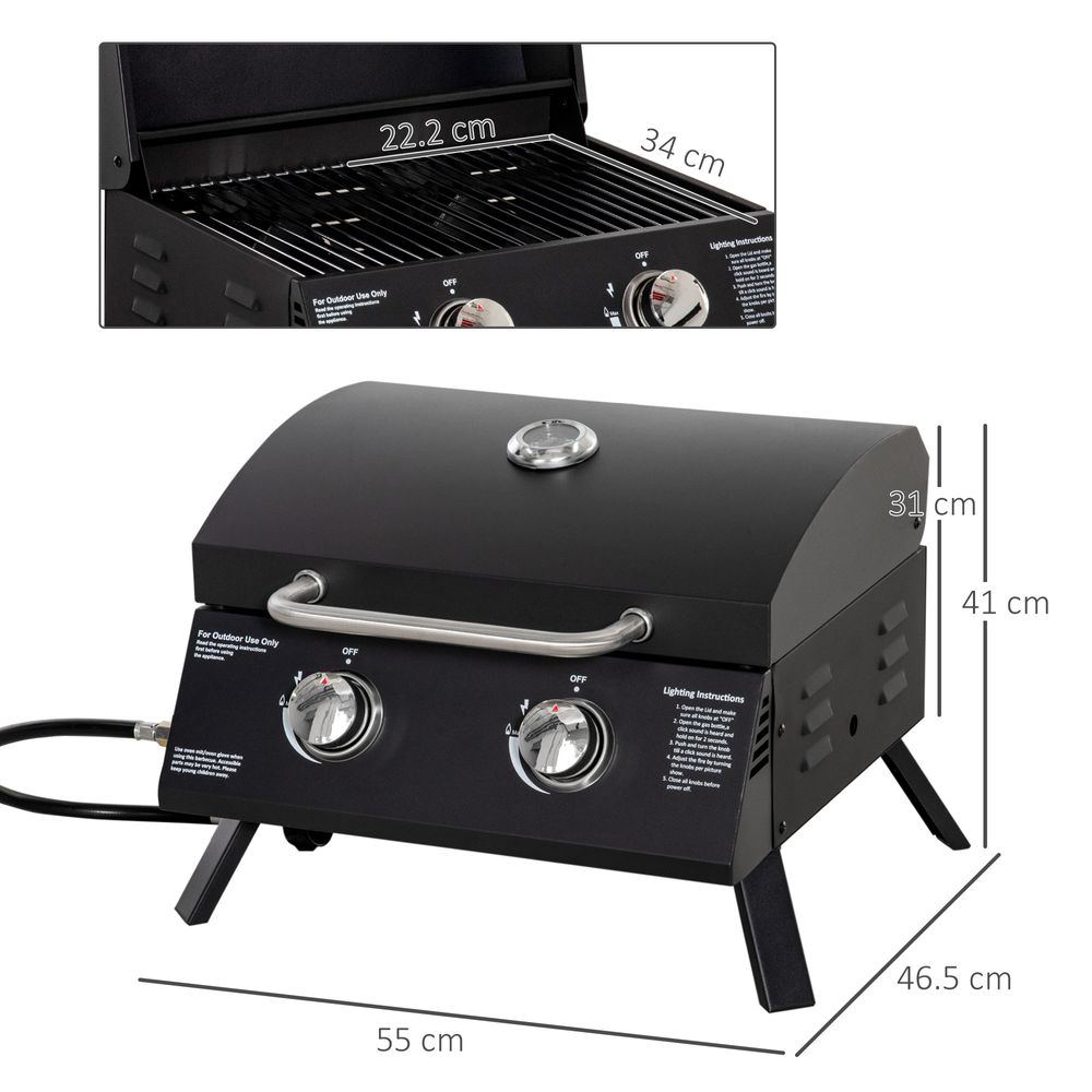 2 Burner Gas BBQ Grill Portable Folding Tabletop Barbecue Lid Thermometer Black