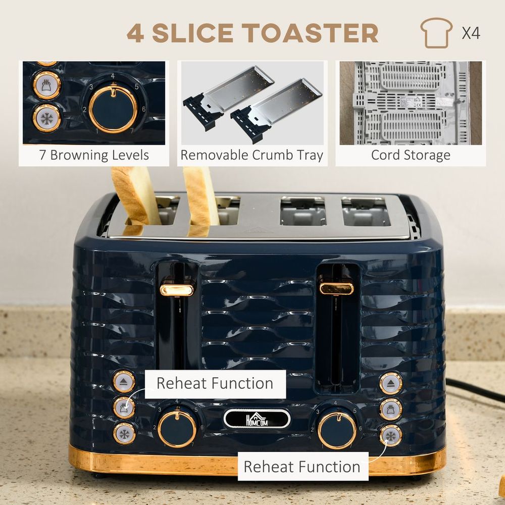HOMCOM Kettle and Toaster Set 1.7L Rapid Boil Kettle & 4 Slice Toaster Blue