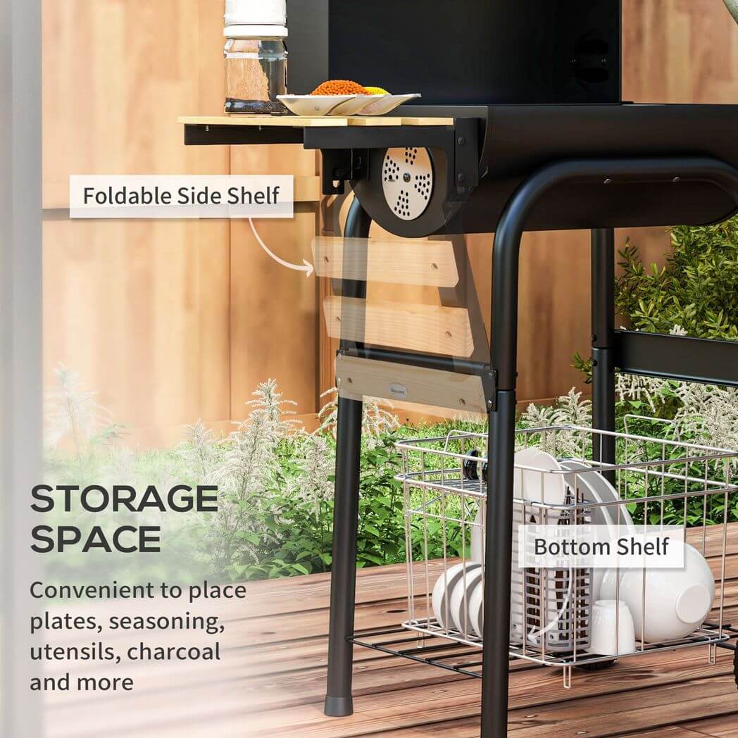 Outsunny Charcoal BBQ Grill Trolley W/ Shelves, Lid and Thermometer