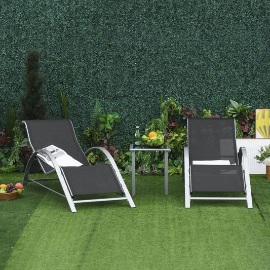 Set of 2 Black Lounge Garden Sunbathing Chairs with Centre Table on Lawn