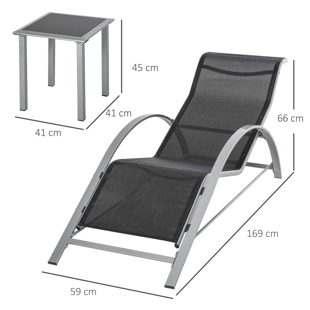 Black Lounge Garden Sunbathing Chair with Centre Table With Measurements White Background