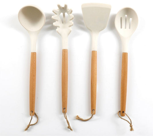 Kitchen Utensils Bamboo Coloured Handles With Ivory Coloured Silicone Heads Set Of 4