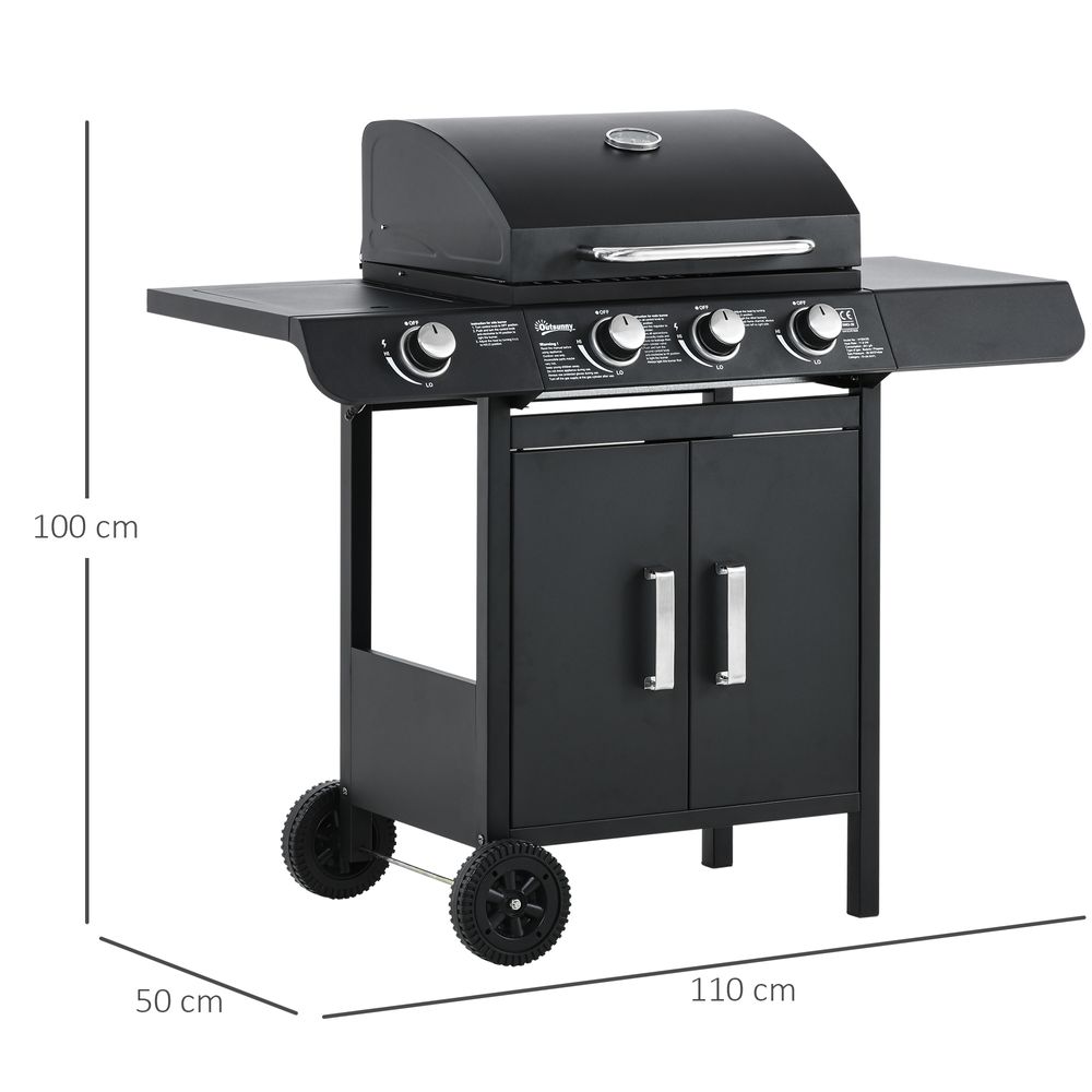 Deluxe Gas Burner Barbecue Grill 3+1 Burner BBQ Trolley 110x50x100cm