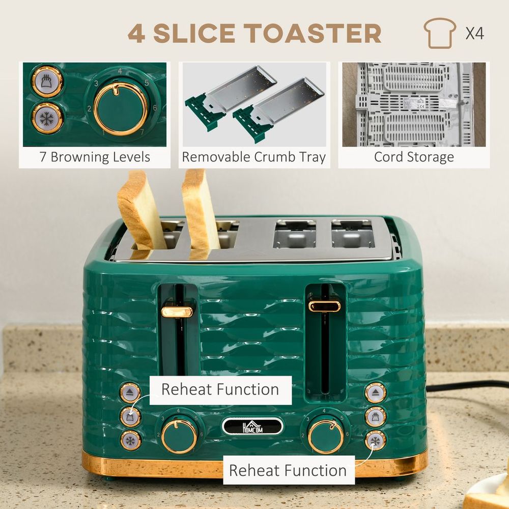 HOMCOM 1.7L Kettle and Toaster Set 1.7L Rapid Boil Kettle & 4 Slice Toaster Green