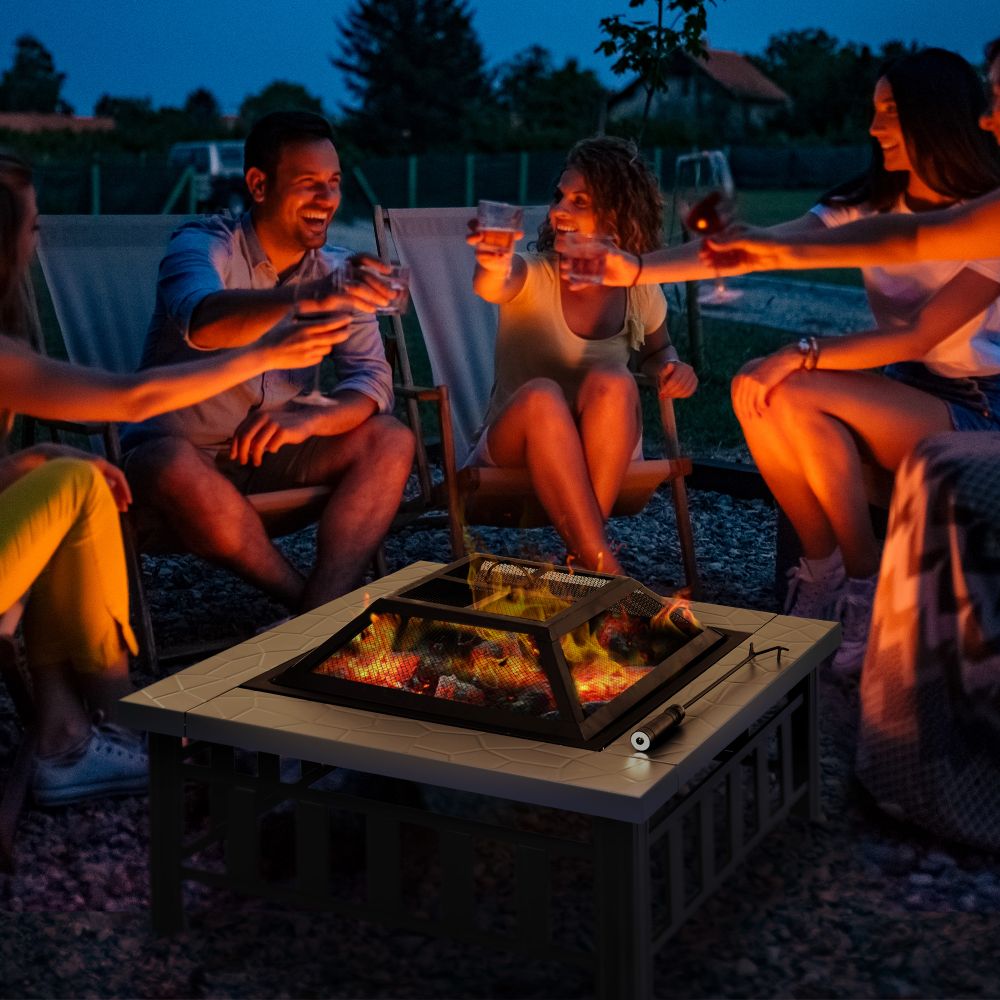 Outsunny Square Fire Pit With Waterproof Cover In Use
