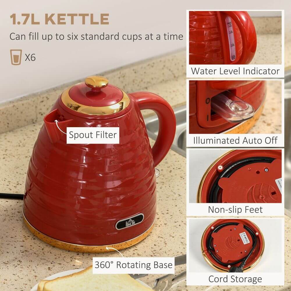 HOMCOM Kettle and Toaster Set 1.7L Rapid Boil Kettle & 4 Slice Toaster Red