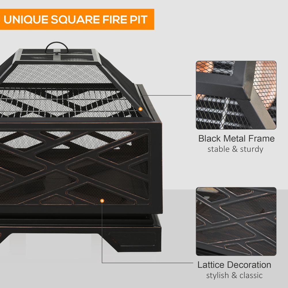 66cm Square Fire Pit Metal Brazier BBQ  Screen Cover Poker, Black